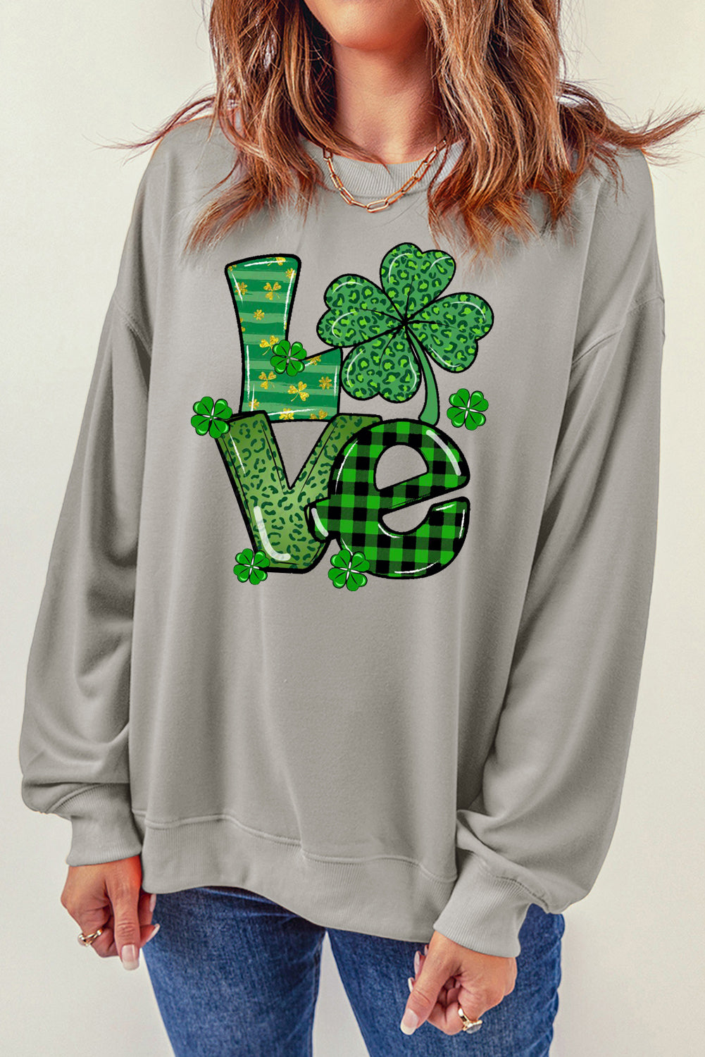 St. Patrick's Day Graphic Patchwork Clover Long Sleeve Knit Top