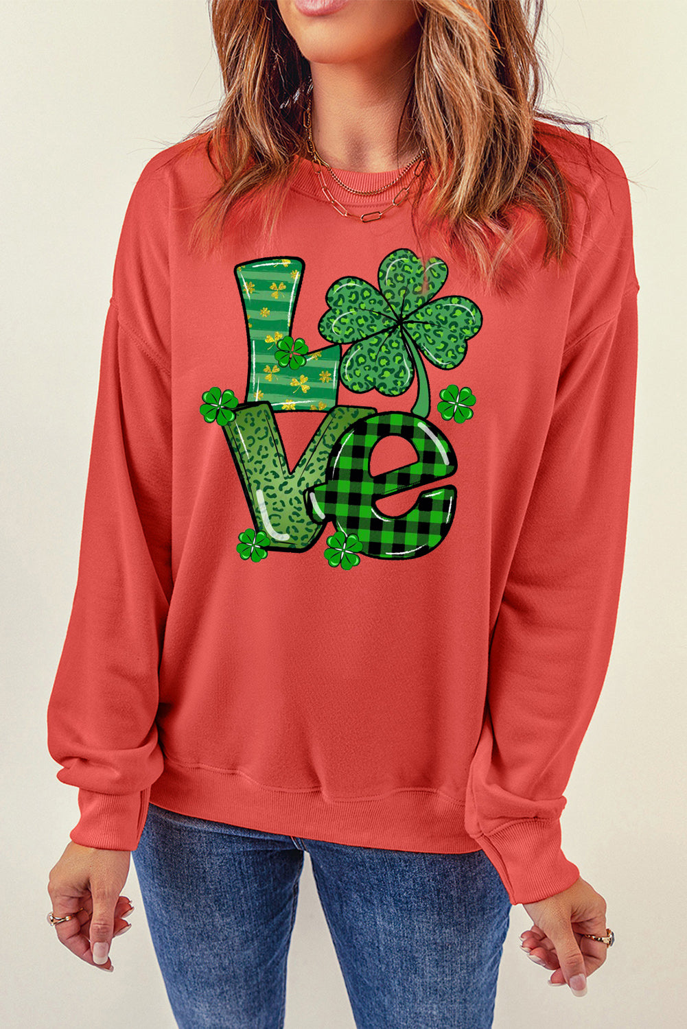 St. Patrick's Day Graphic Patchwork Clover Long Sleeve Knit Top