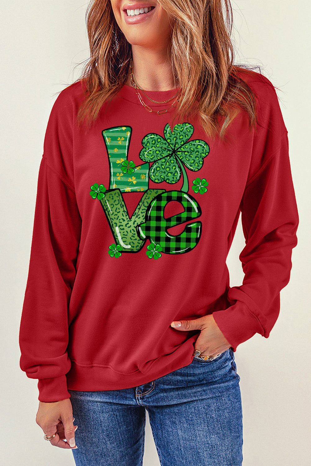 St. Patrick's Day Graphic Patchwork Clover Long Sleeve Knit Top