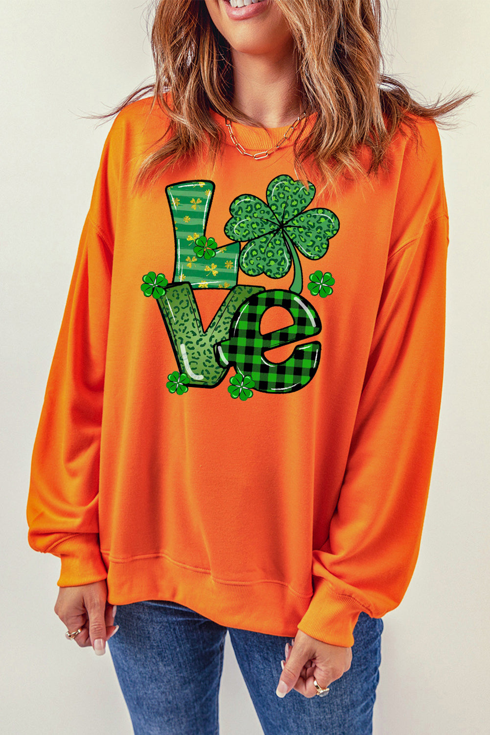 St. Patrick's Day Graphic Patchwork Clover Long Sleeve Knit Top