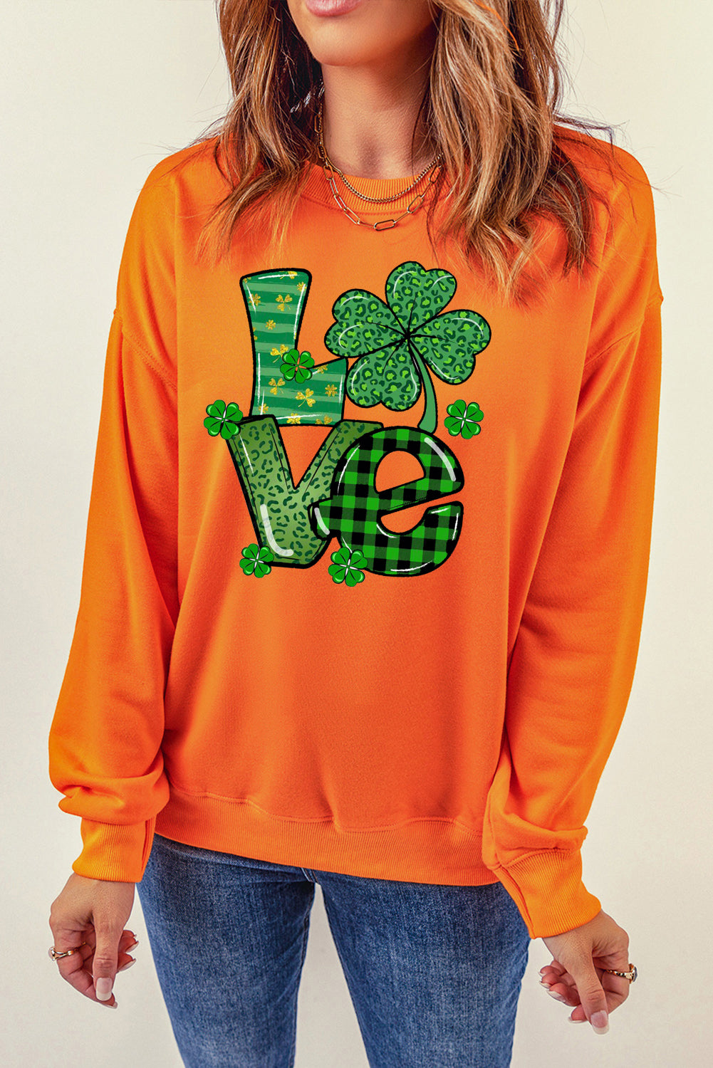 St. Patrick's Day Graphic Patchwork Clover Long Sleeve Knit Top