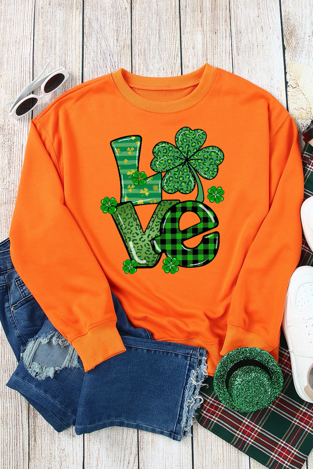 St. Patrick's Day Graphic Patchwork Clover Long Sleeve Knit Top