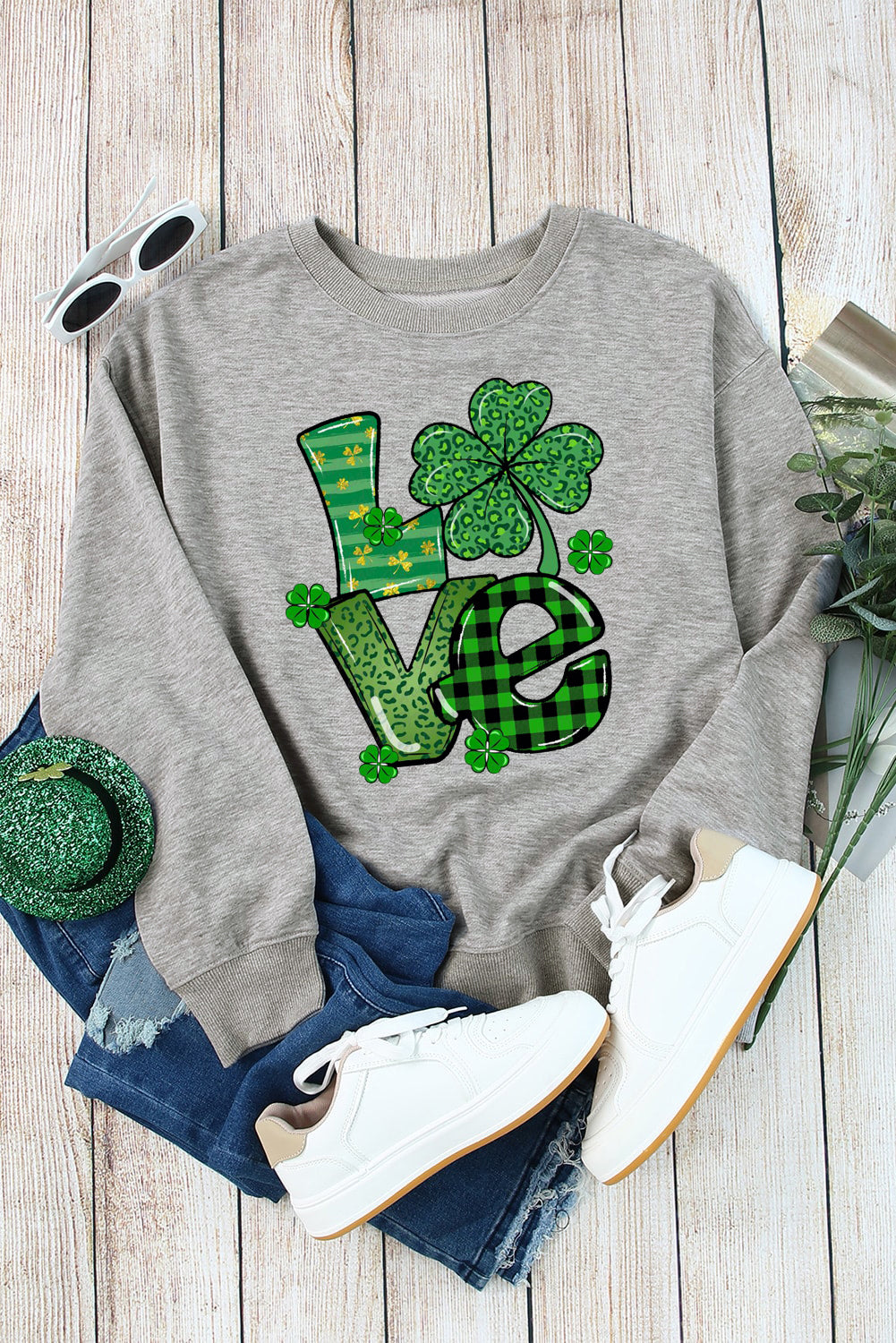 St. Patrick's Day Graphic Patchwork Clover Long Sleeve Knit Top