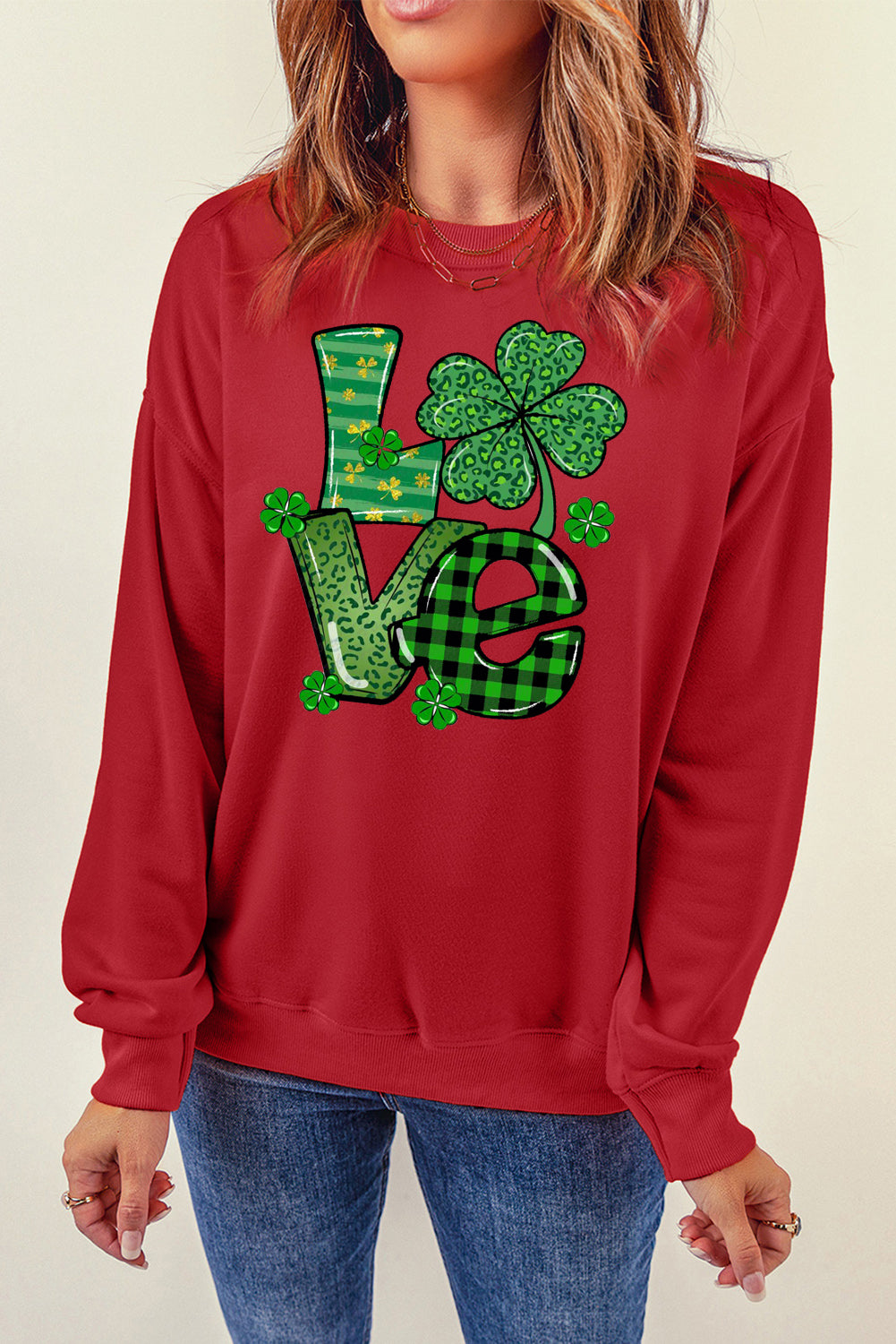 St. Patrick's Day Graphic Patchwork Clover Long Sleeve Knit Top