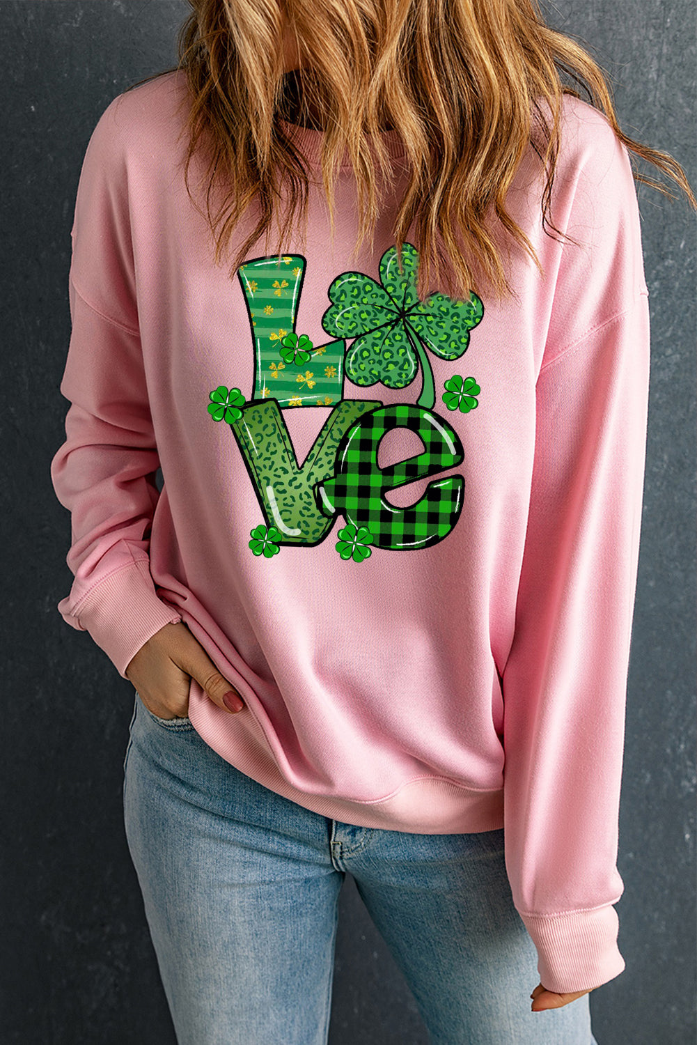 St. Patrick's Day Graphic Patchwork Clover Long Sleeve Knit Top