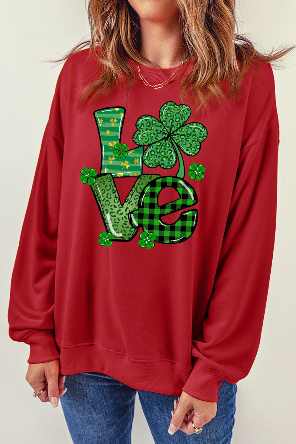 St. Patrick's Day Graphic Patchwork Clover Long Sleeve Knit Top