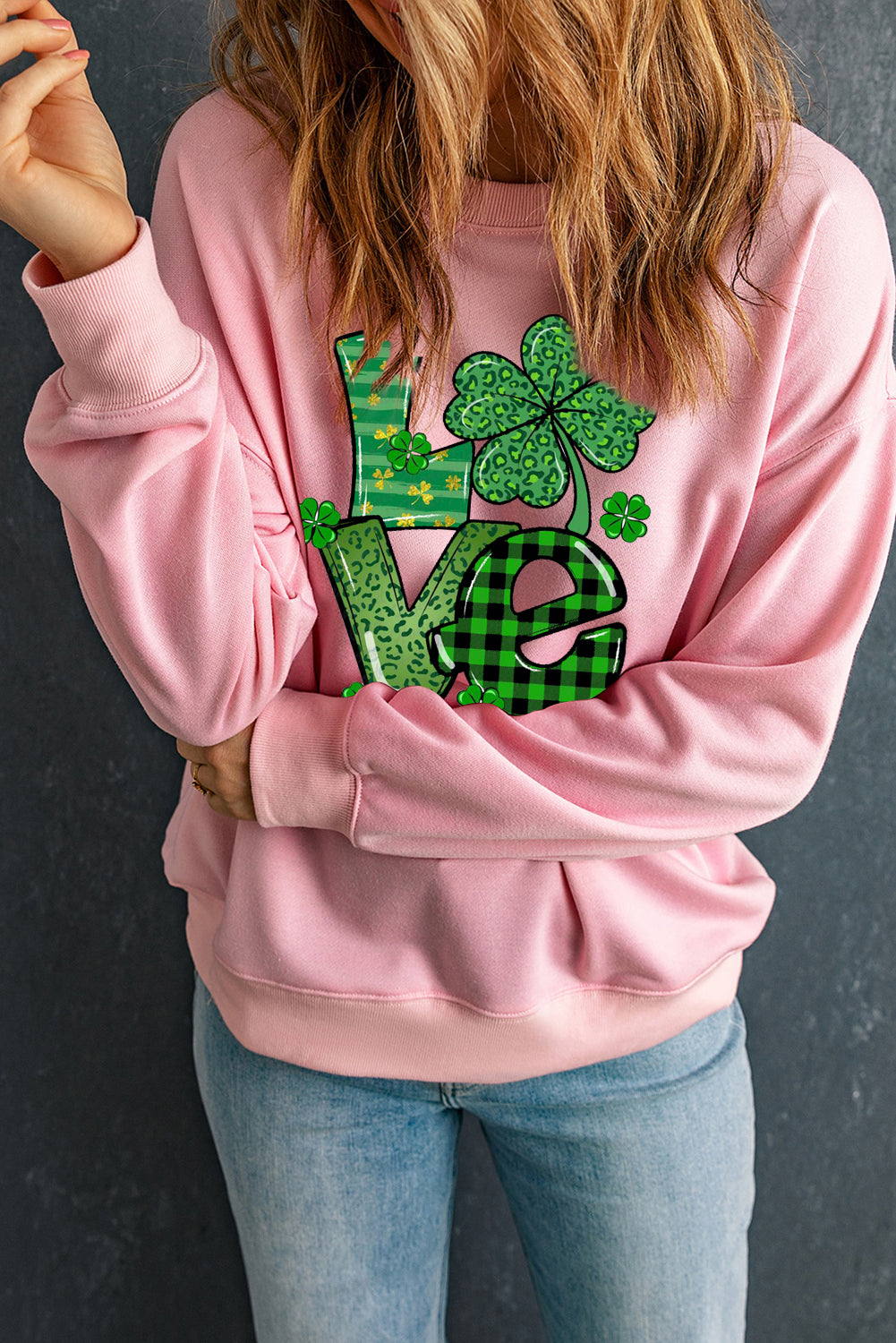 St. Patrick's Day Graphic Patchwork Clover Long Sleeve Knit Top