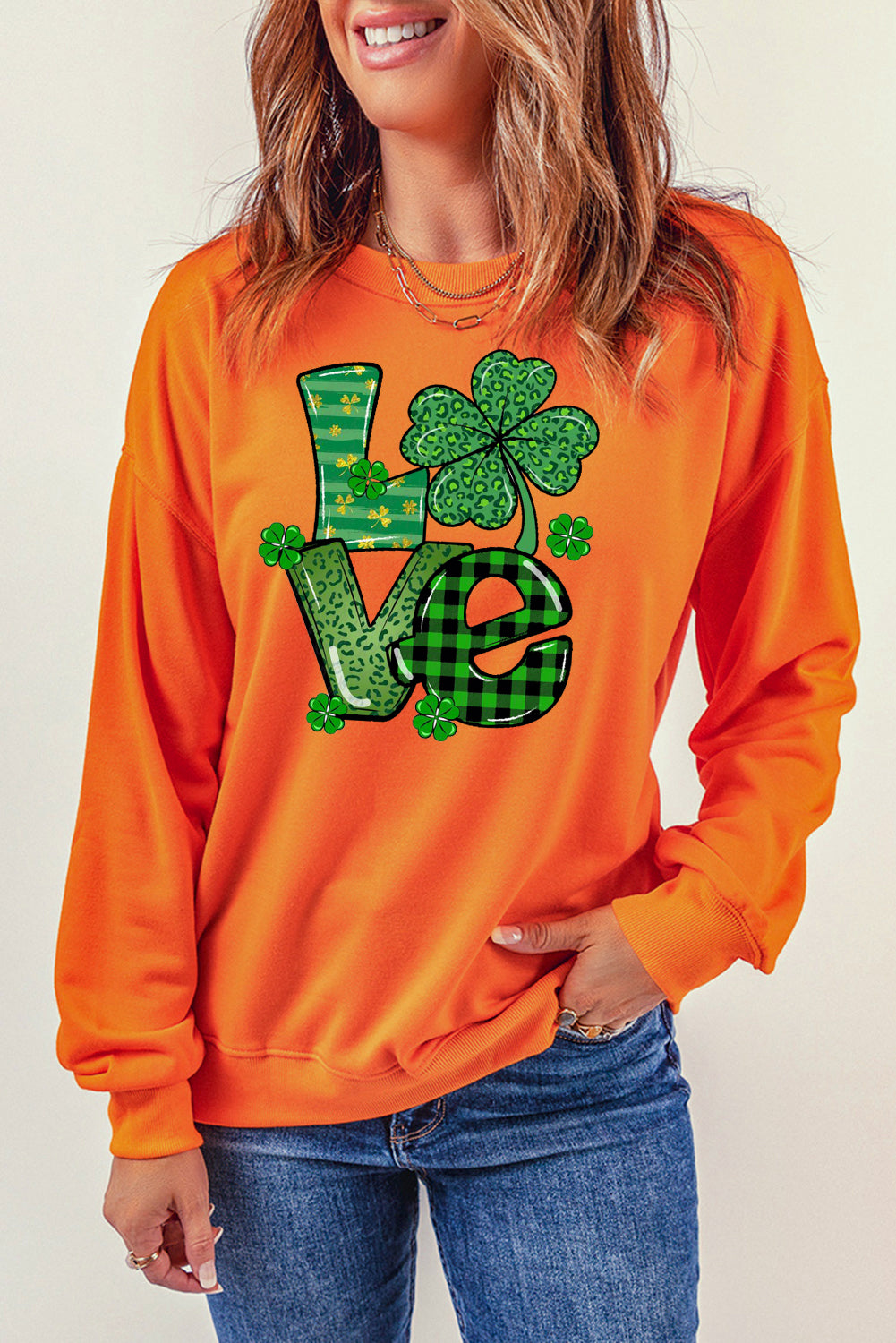 St. Patrick's Day Graphic Patchwork Clover Long Sleeve Knit Top