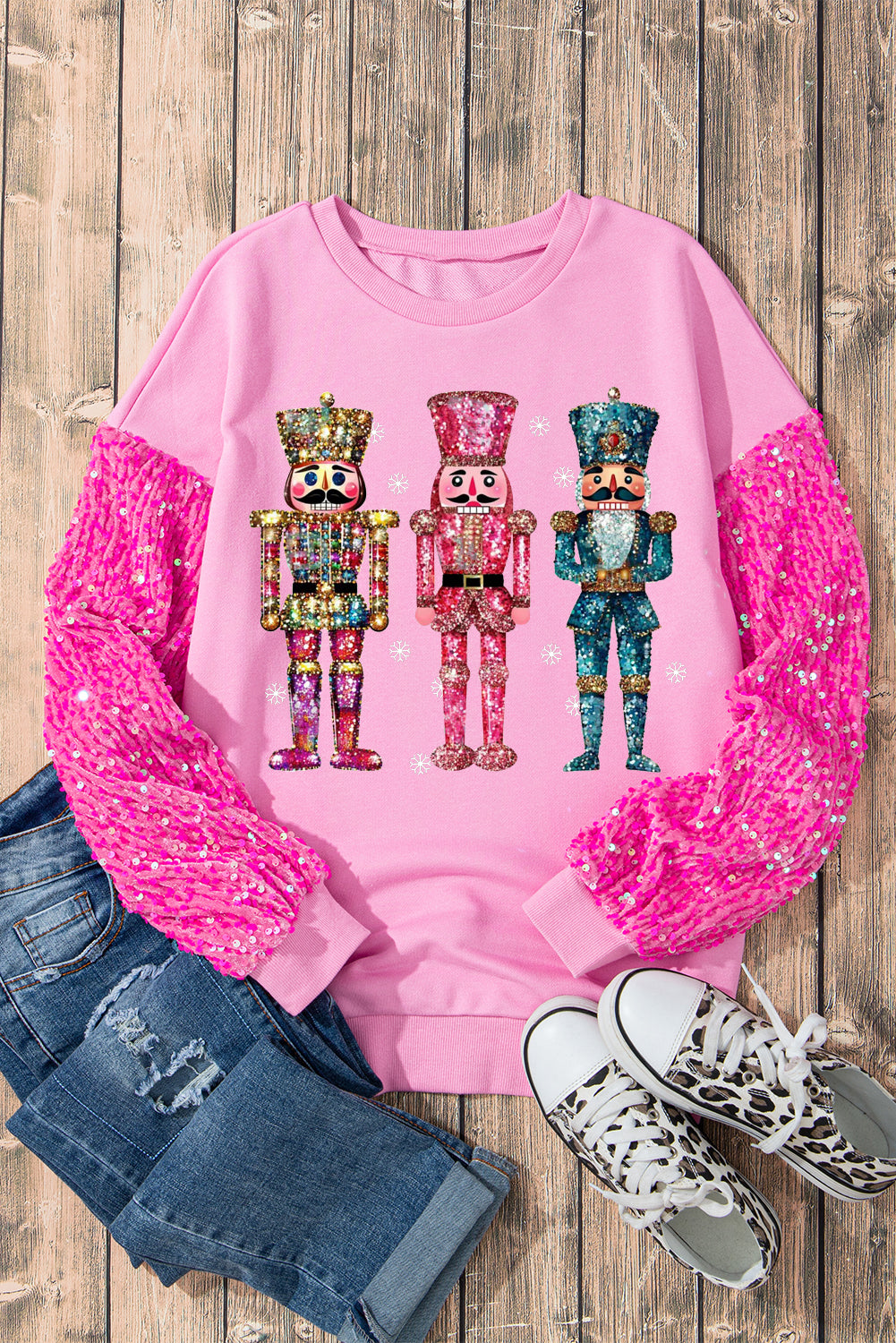 Sequined Nutcracker Pattern Patchwork Sleeve Pink Pullover Shirt