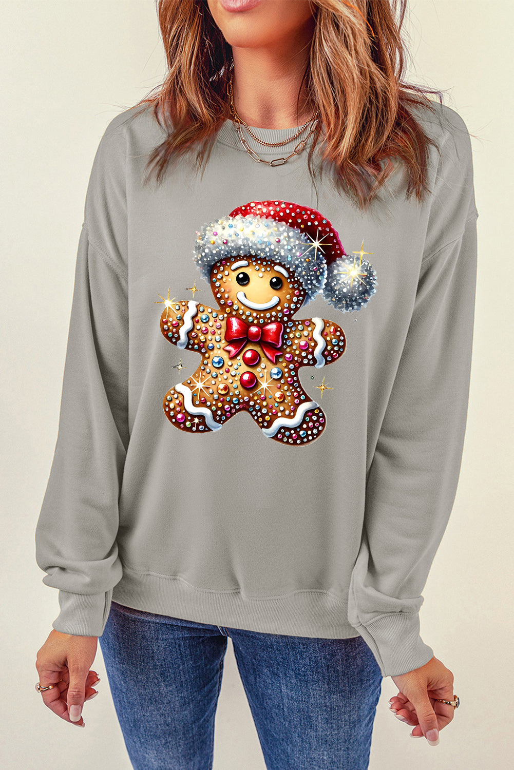 Santa Hat Bear Pattern Crew Neck Pullover Sweatshirt