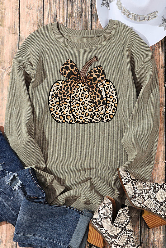 Leopard Print Pumpkin Ribbed Knit Crew Neck Pullover Sweatshirt