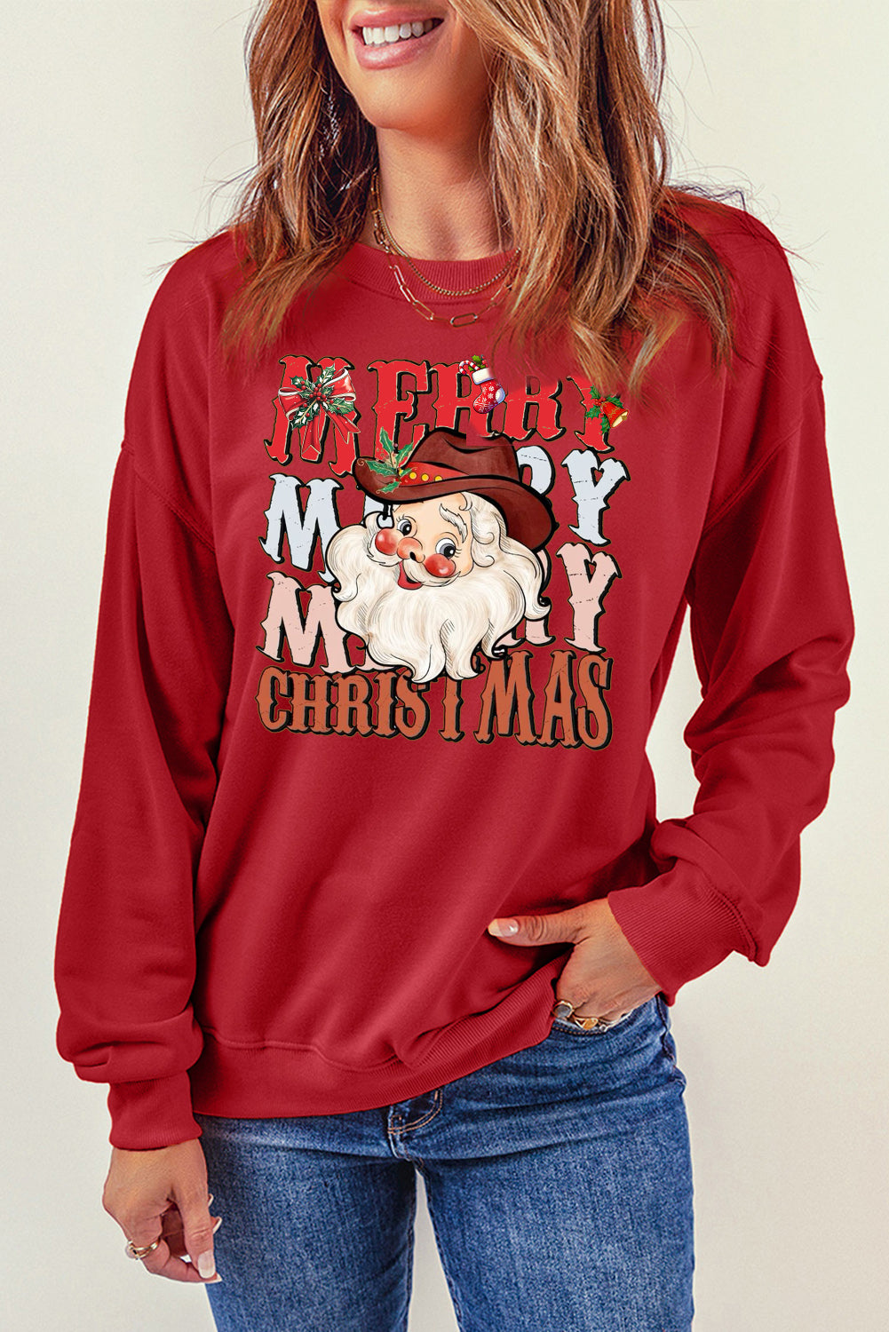 Christmas Round Neck Santa Claus Pattern Pullover Sweatshirt