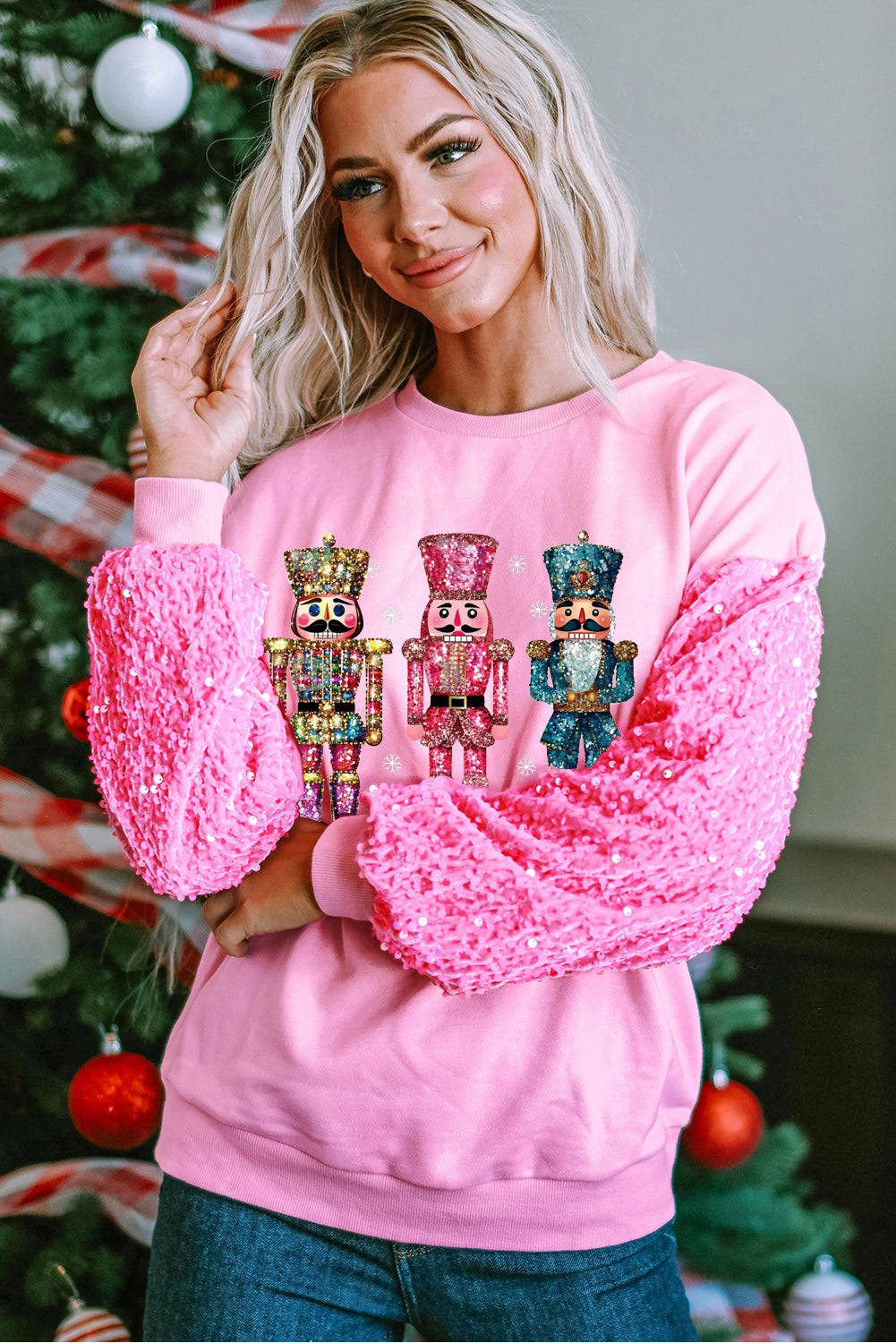 Sequined Nutcracker Pattern Patchwork Sleeve Pink Pullover Shirt