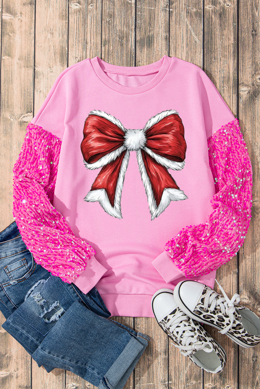 Christmas Bow Pattern Patchwork Sleeve Pink Pullover Sweater