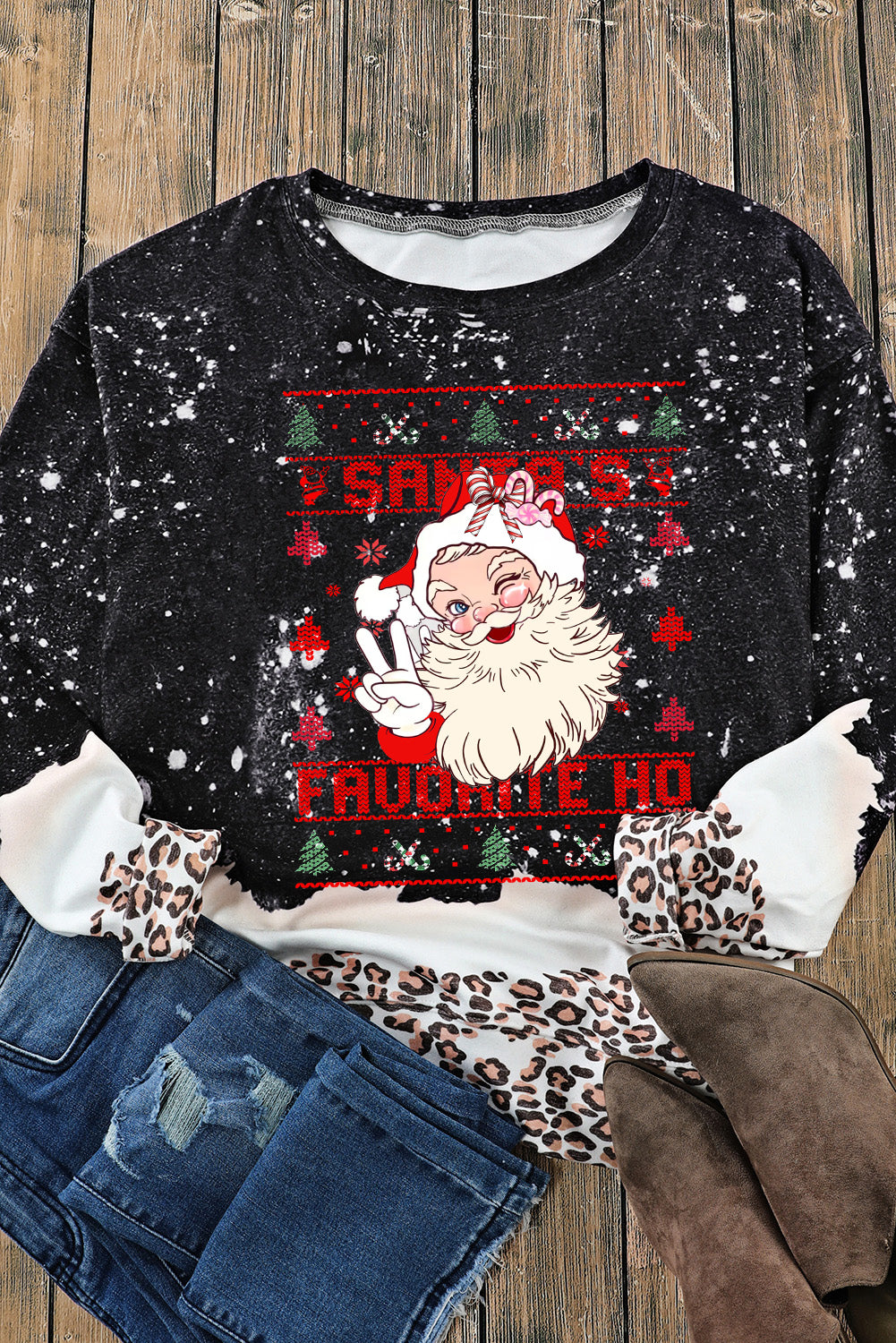 Christmas Santa Leopard Bleached Pullover Sweatshirt