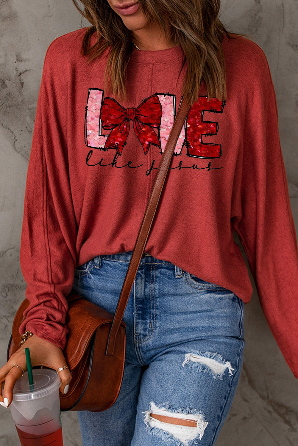 LOVE Valentine's Day Bow Patchwork Long Sleeve Knit Top