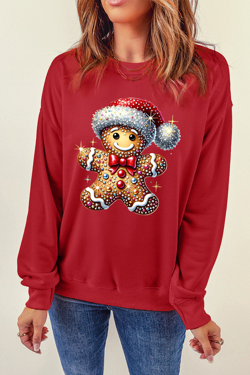 Santa Hat Bear Pattern Crew Neck Pullover Sweatshirt