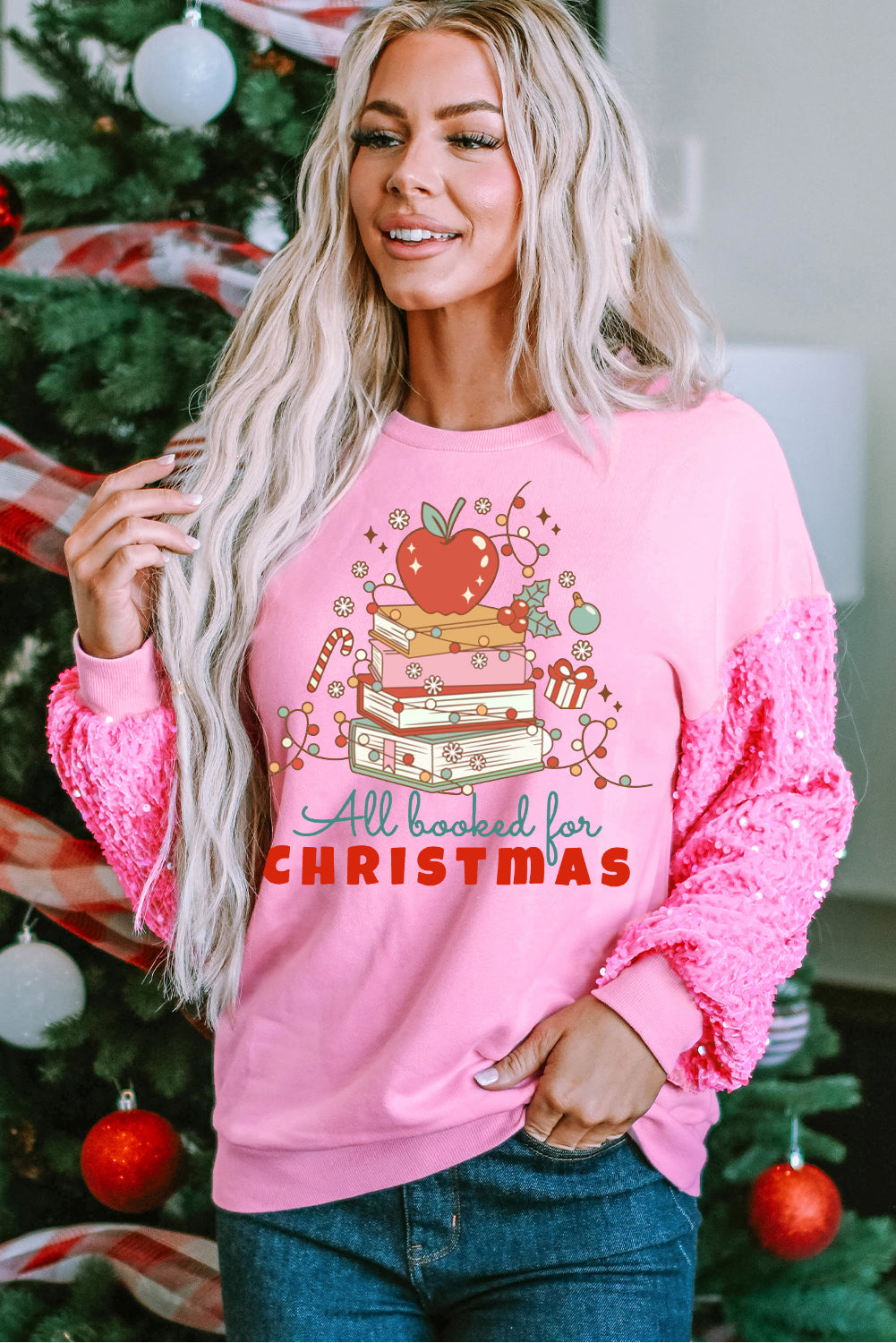 Christmas Sequin Apple Pattern Patchwork Sleeve Pink Pullover Shirt