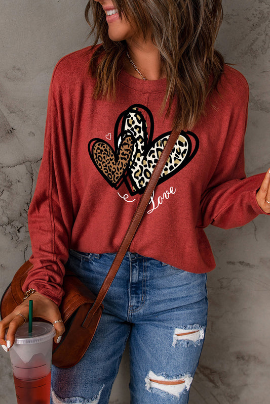 Valentine's Day Heart Leopard Print Patchwork Long Sleeve Knit Top