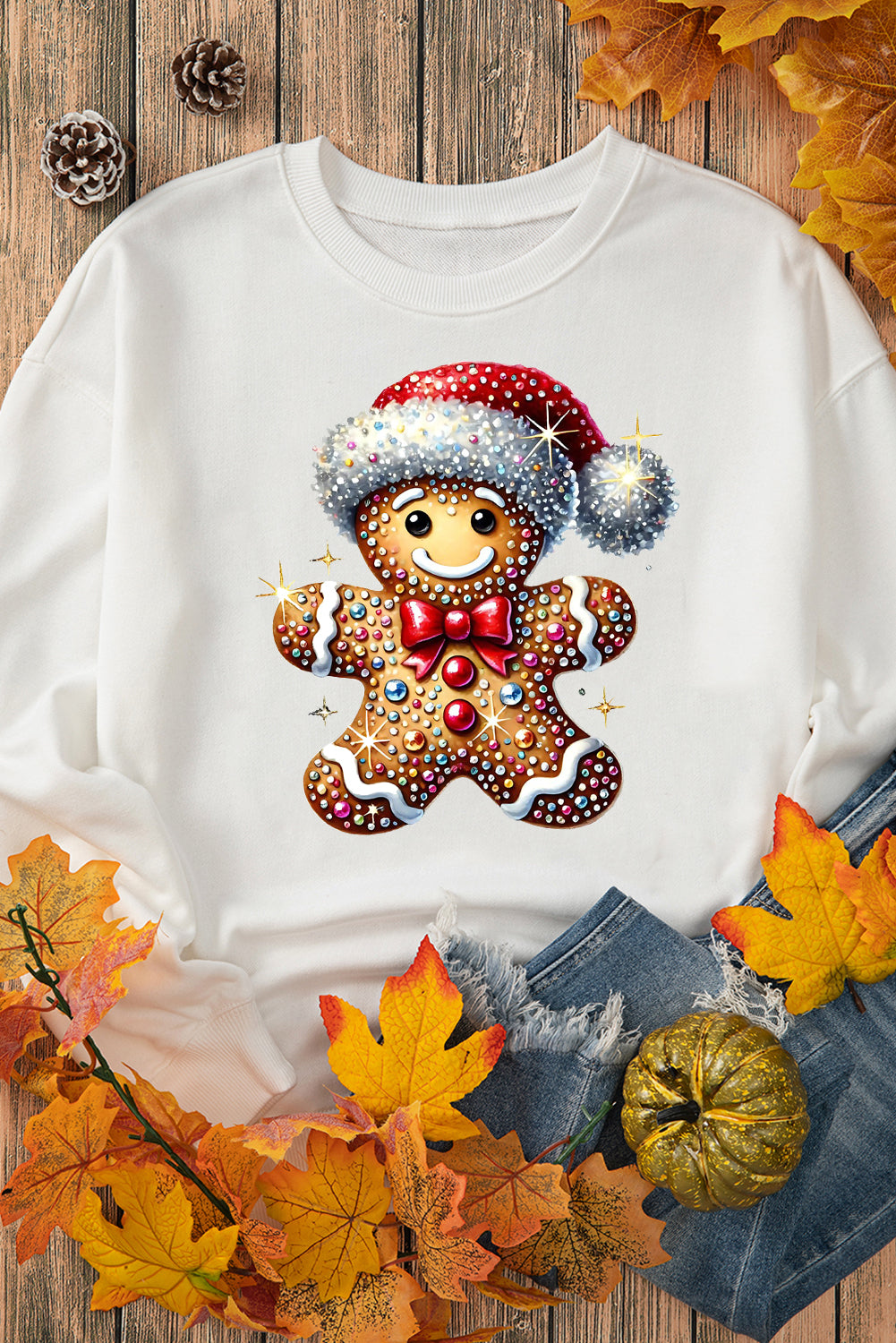 Santa Hat Bear Pattern Crew Neck Pullover Sweatshirt