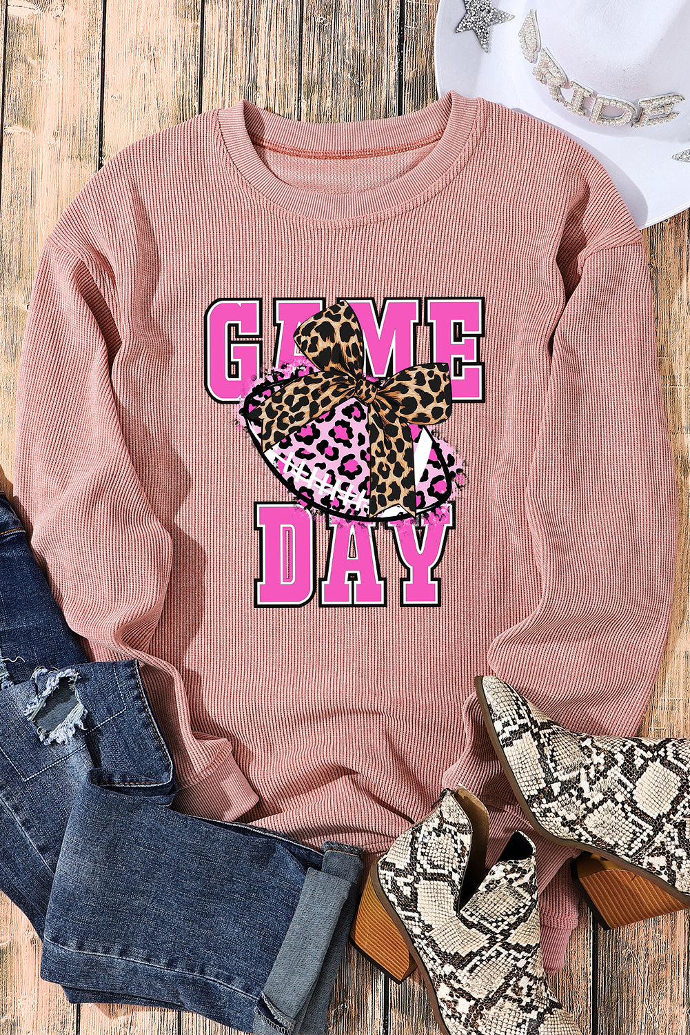 Game Day Bow Rugby Ribbed Knit Crew Neck Pullover Sweatshirt