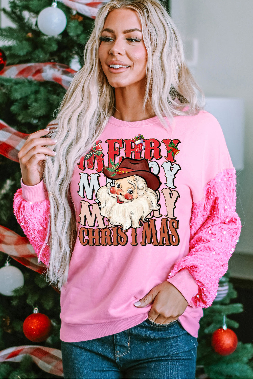 Christmas Sequins Santa Claus Pattern Patchwork Sleeve Pink Pullover