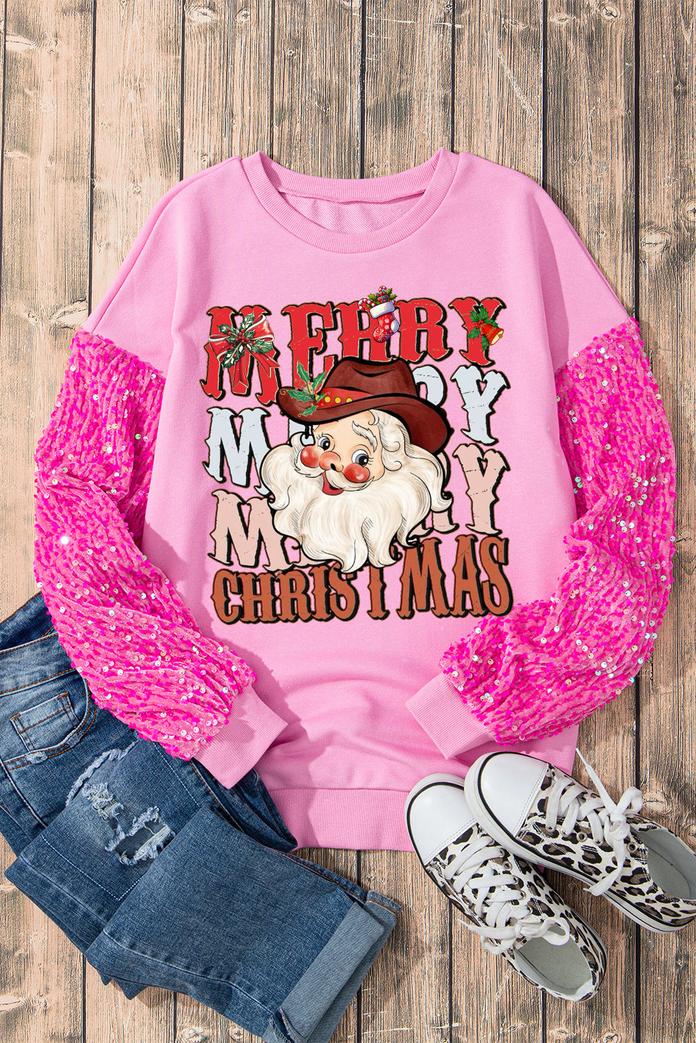 Christmas Sequins Santa Claus Pattern Patchwork Sleeve Pink Pullover