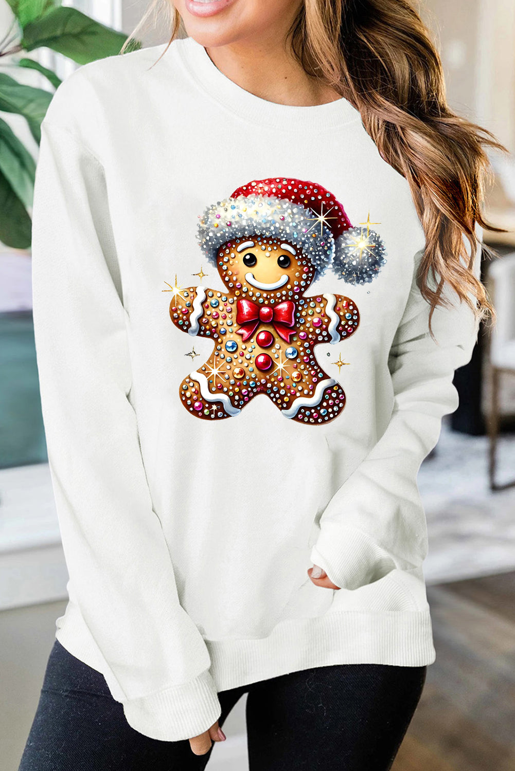 Santa Hat Bear Pattern Crew Neck Pullover Sweatshirt