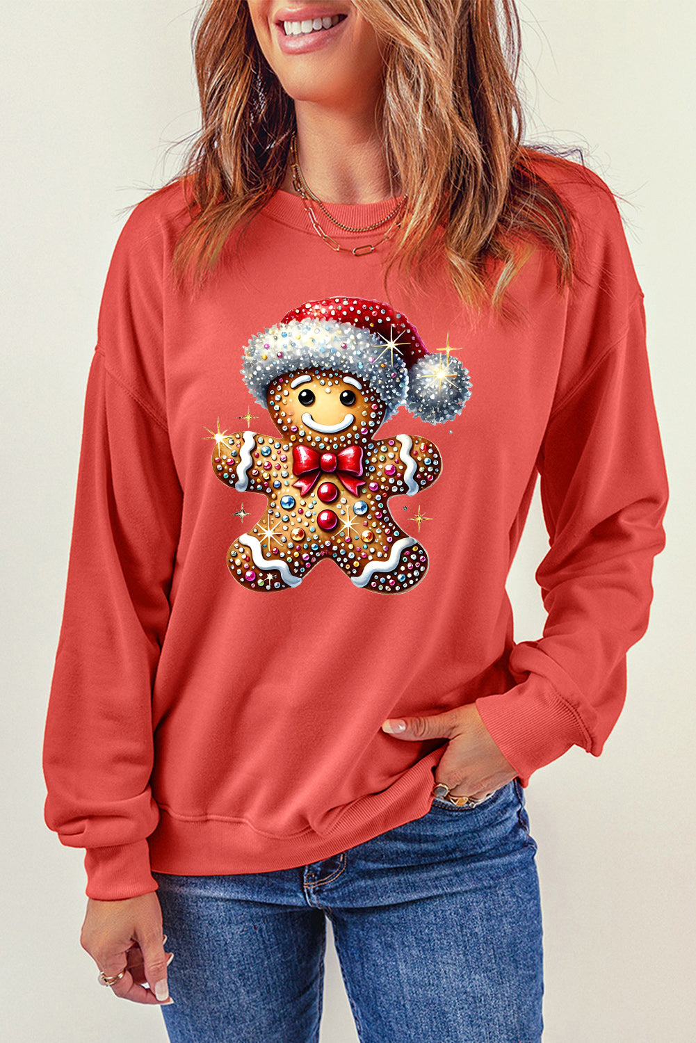 Santa Hat Bear Pattern Crew Neck Pullover Sweatshirt