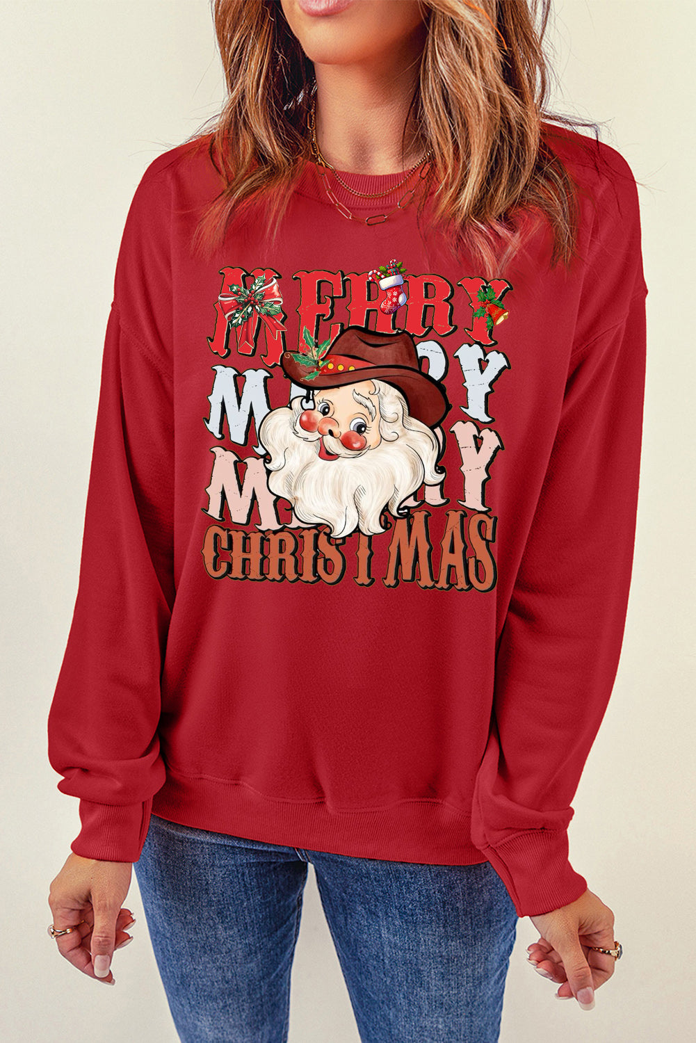 Christmas Round Neck Santa Claus Pattern Pullover Sweatshirt