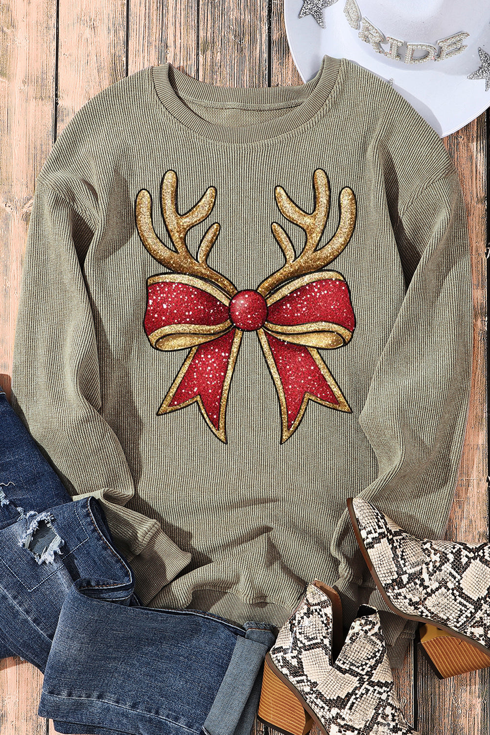 Christmas Ribbed Crew Neck Antler Bow Pullover Sweatshirt