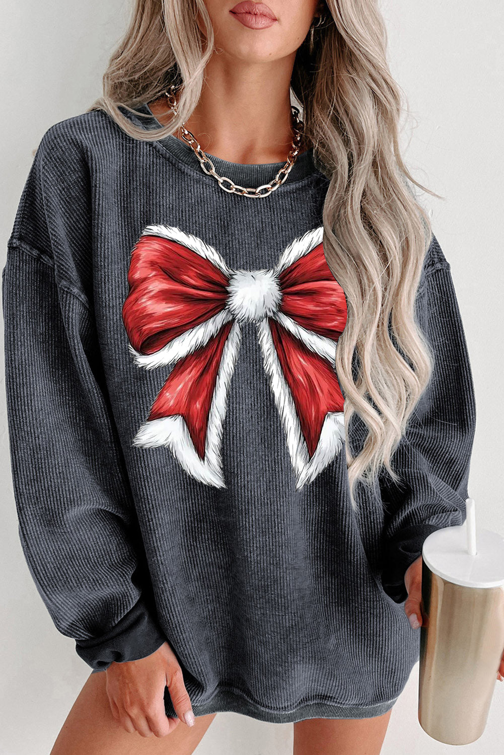 Plain Round Neck Red Big Bow Pattern Pullover Sweatshirt