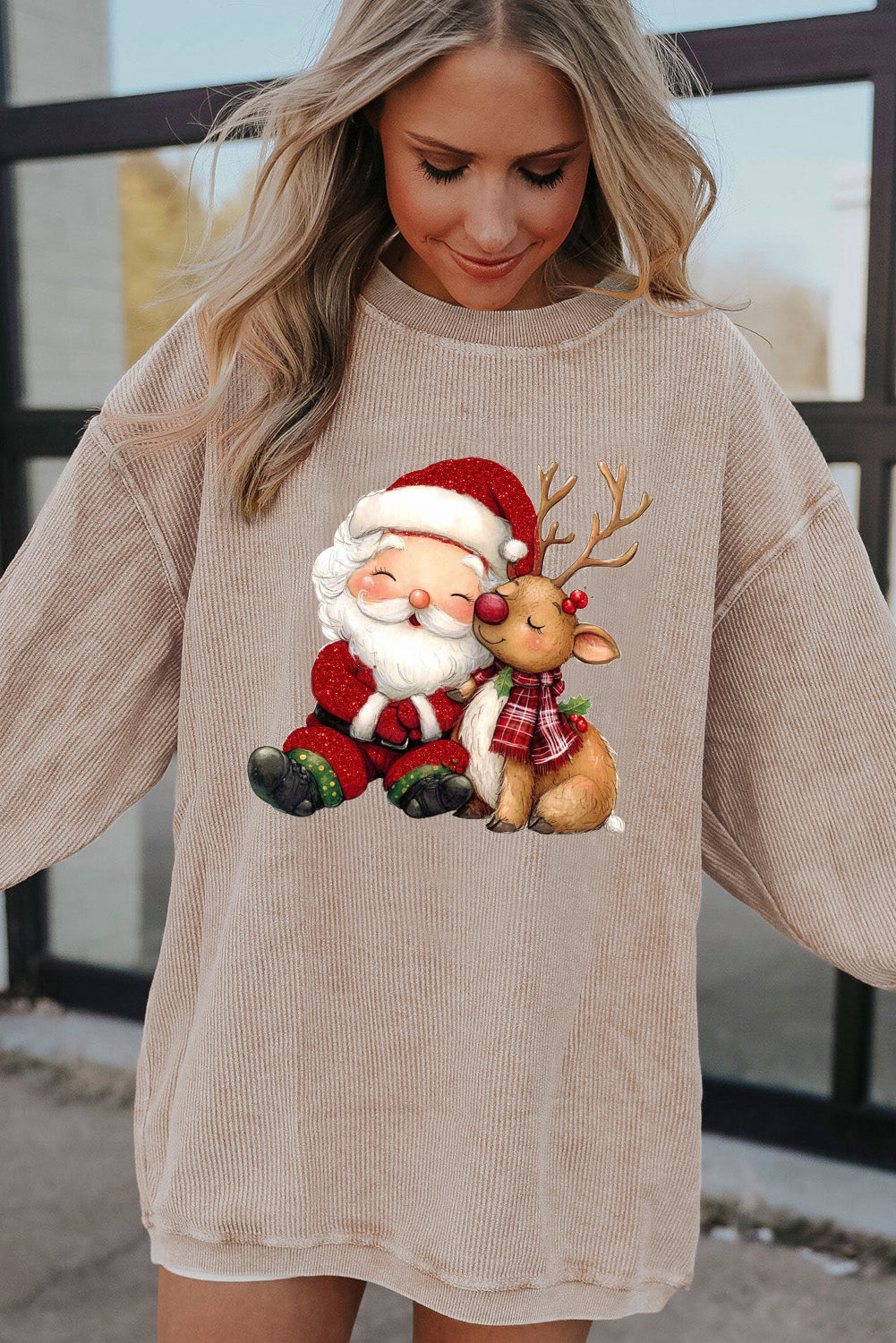 Cozy Christmas Santa Claus and Reindeer Pattern Oversized Sweater