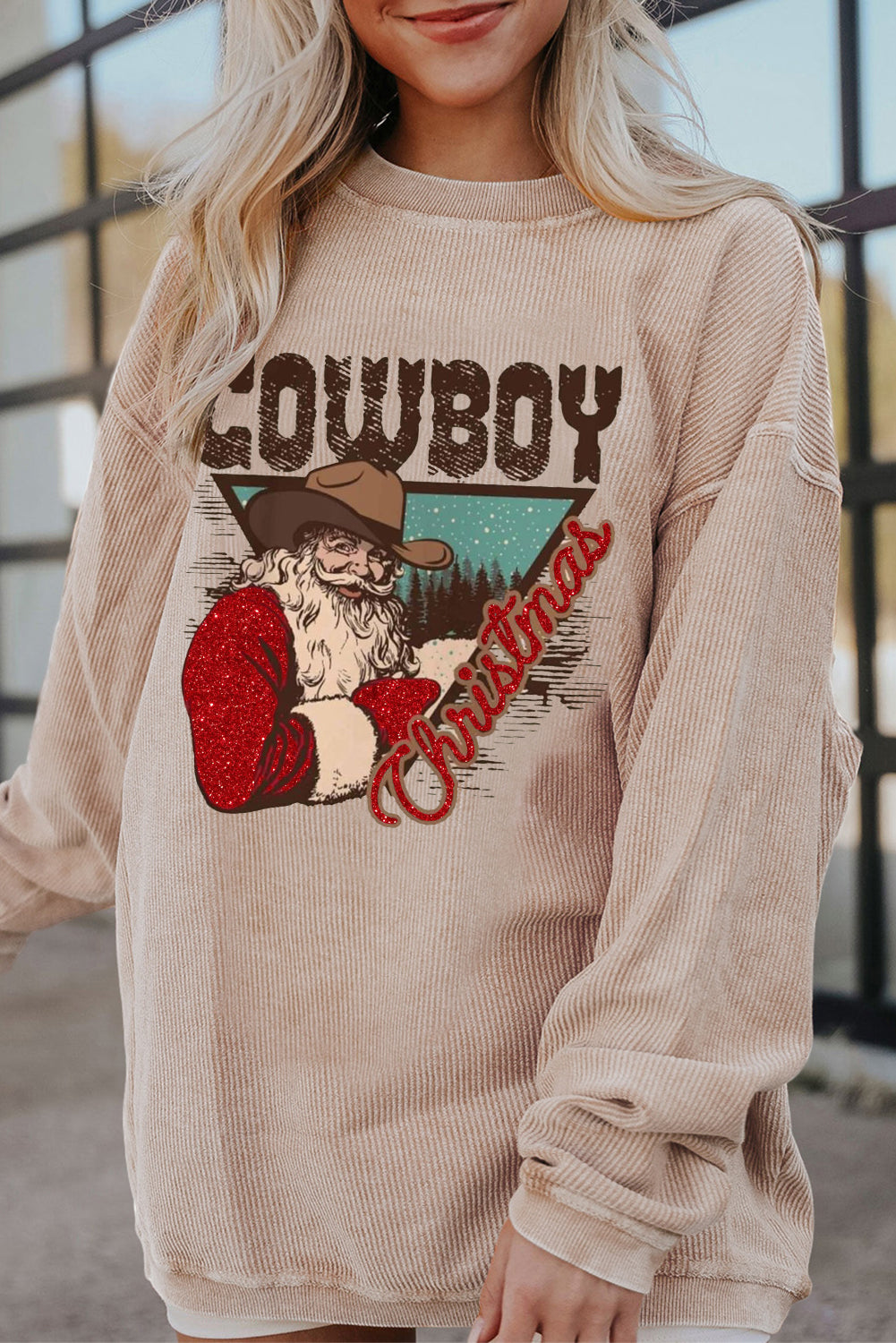 Christmas Cowboy Boy Ribbed Corduroy Oversized Sweatshirt