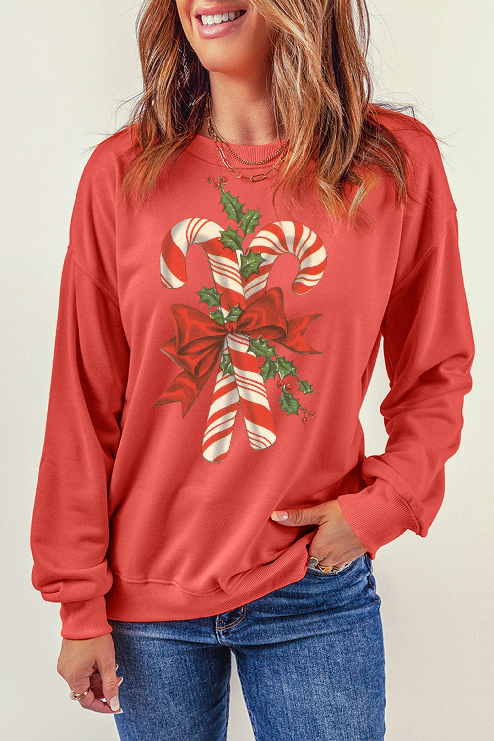 Christmas Cane Candy Pattern Crew Neck Pullover Sweatshirt