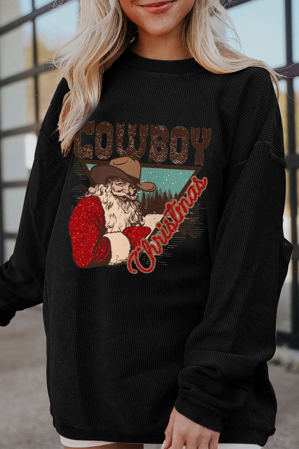 Christmas Cowboy Boy Ribbed Corduroy Oversized Sweatshirt