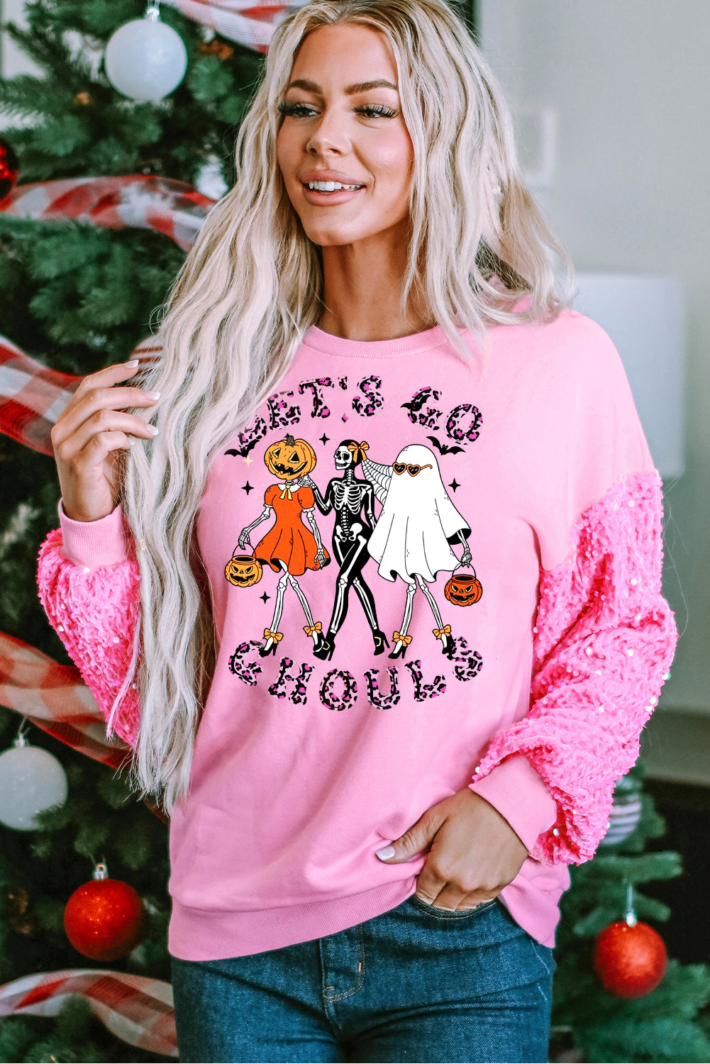 Halloween Pink Sequin Spliced Pumpkin Skull Long Sleeve Pullover Shirt