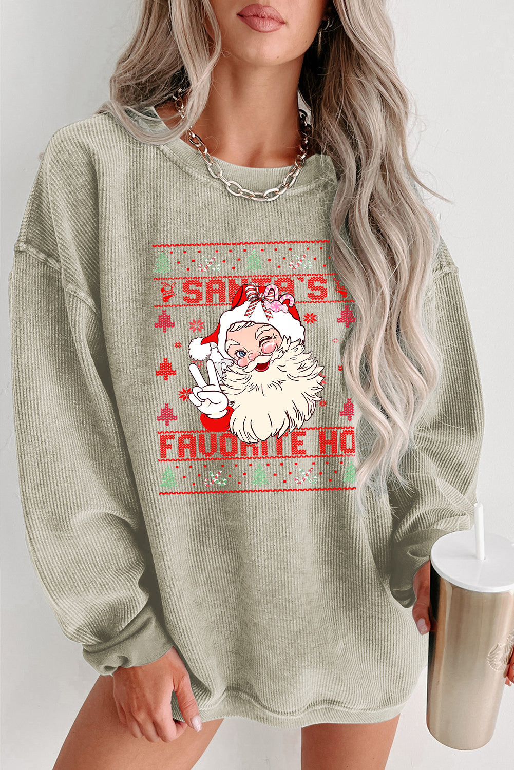 Plain Crew Neck Cute Santa Pattern Pullover Sweatshirt