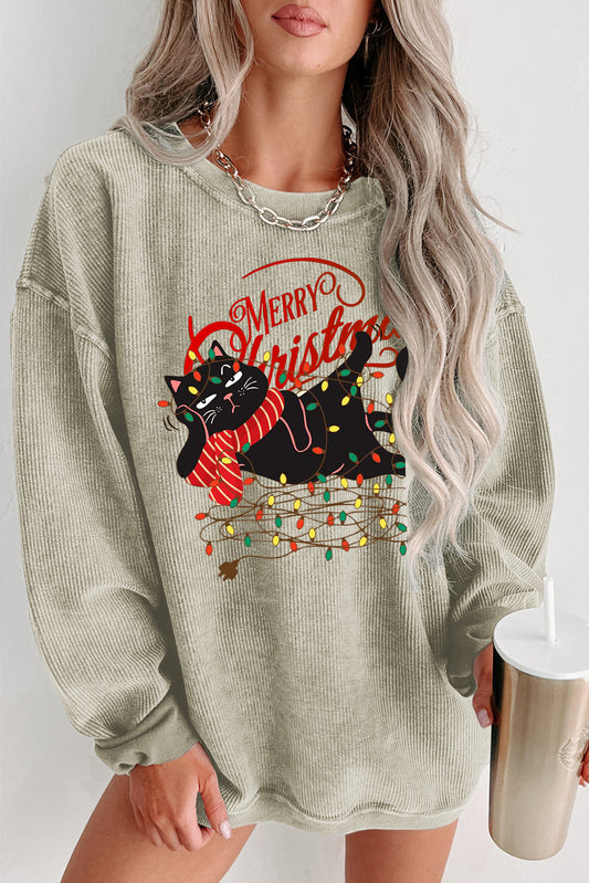 Christmas Wacky Cat Lights String Print Knit Crew Neck Pullover Sweatshirt