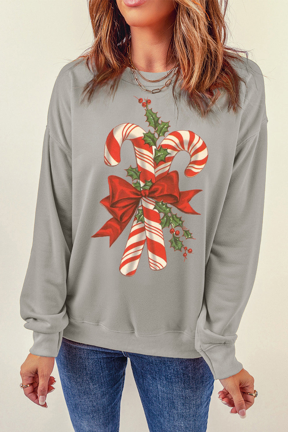 Christmas Cane Candy Pattern Crew Neck Pullover Sweatshirt