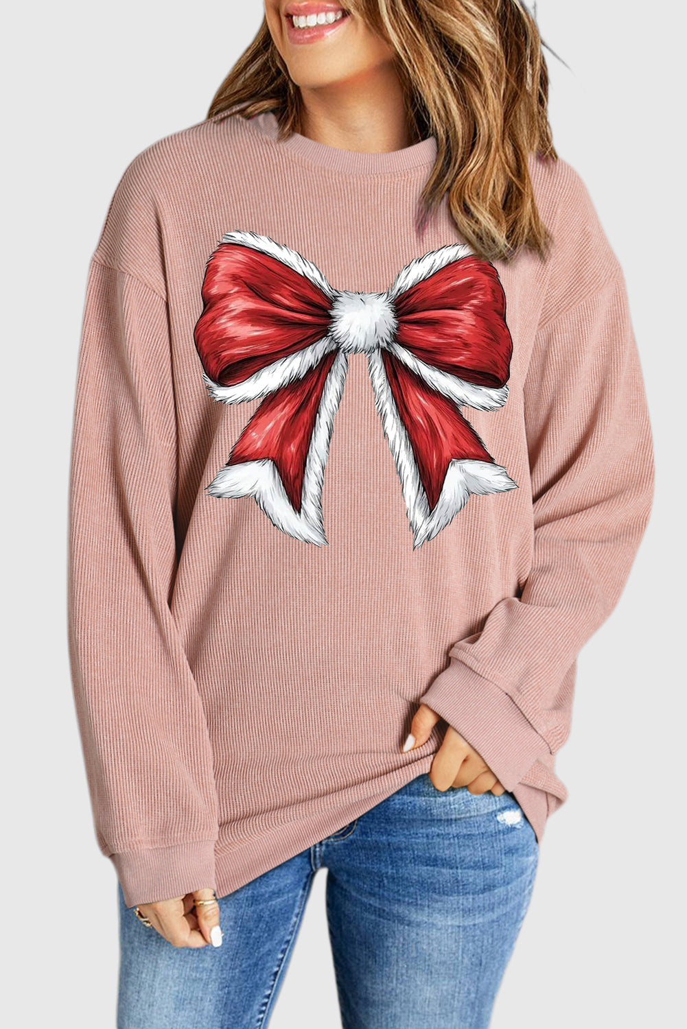 Plain Round Neck Red Big Bow Pattern Pullover Sweatshirt