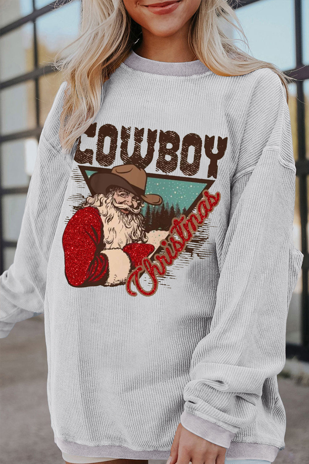 Christmas Cowboy Boy Ribbed Corduroy Oversized Sweatshirt