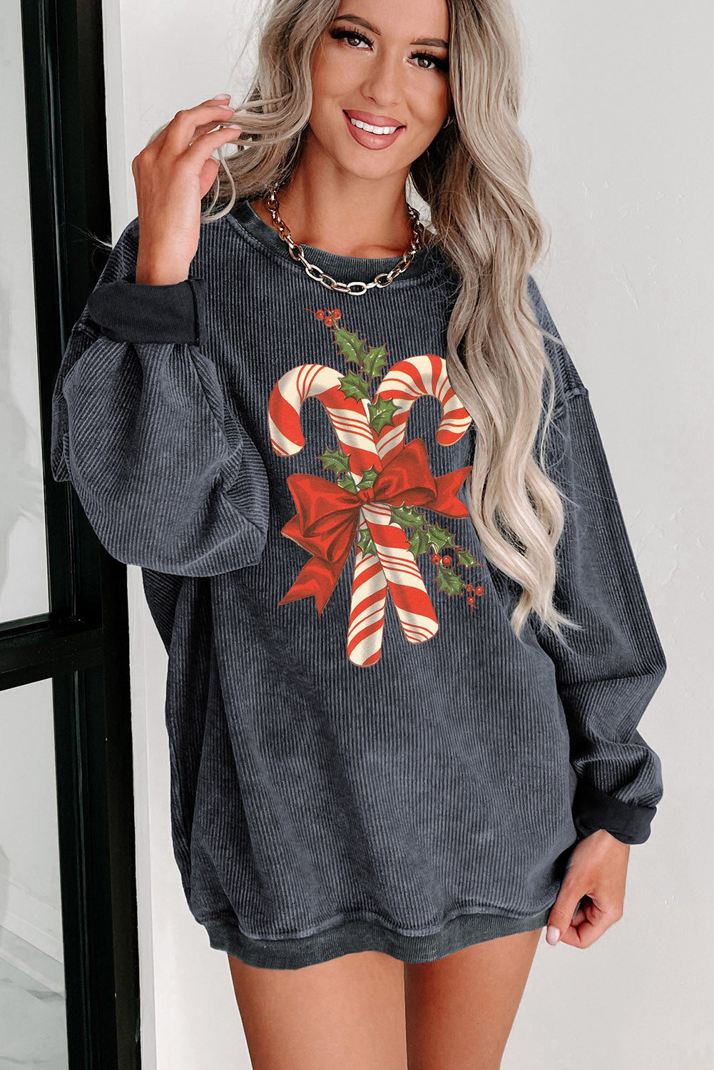 Christmas Bow Cane Ribbed Crew Neck Pullover Sweatshirt