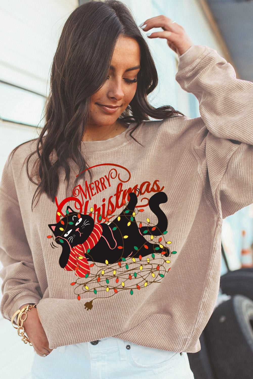 Christmas Quirky Cat Lights String Print Stripe Sweatshirt