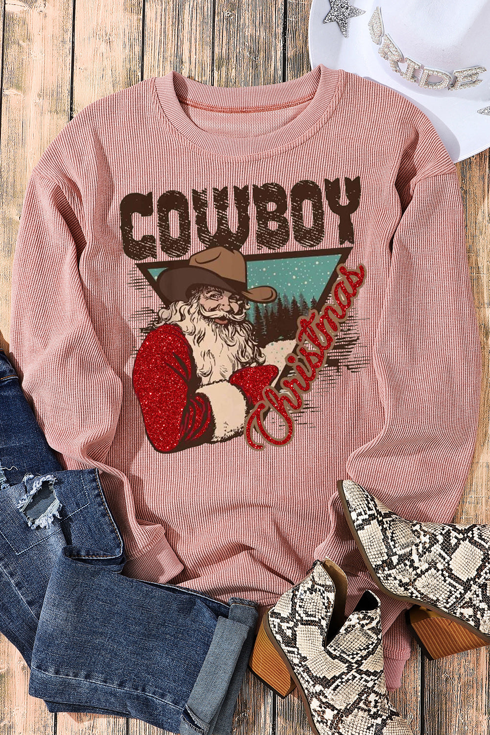 Christmas Cowboy Boy Printed Knit Crew Neck Pullover Sweatshirt