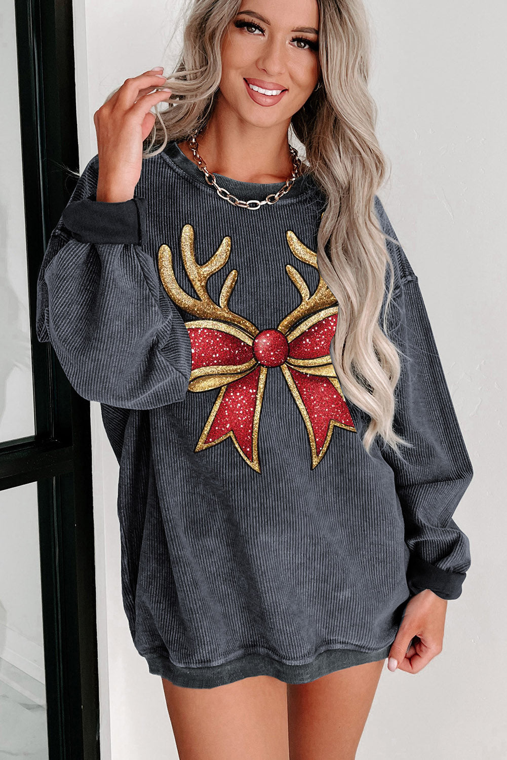 Christmas Ribbed Crew Neck Antler Bow Pullover Sweatshirt