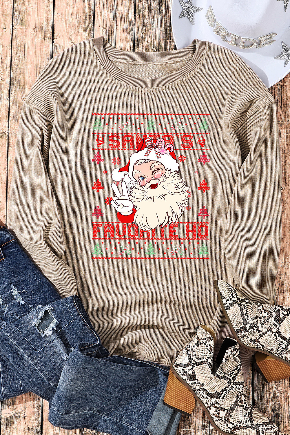 Plain Crew Neck Cute Santa Pattern Pullover Sweatshirt