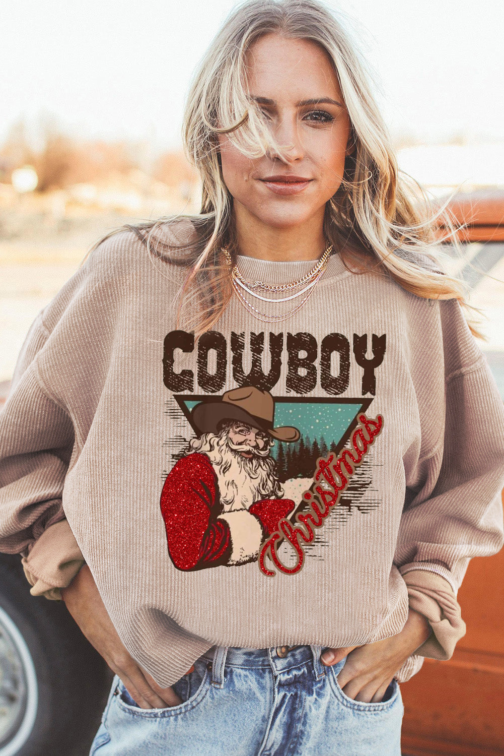 Christmas Cowboy Boy Ribbed Corduroy Oversized Sweatshirt