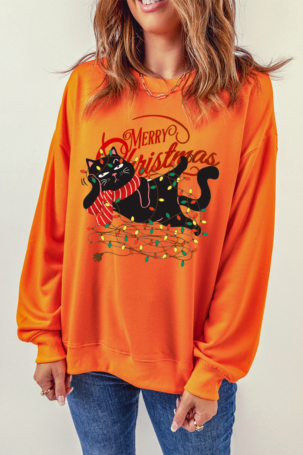 Christmas Wacky Cat String Lights Print Crew Neck Pullover Sweatshirt