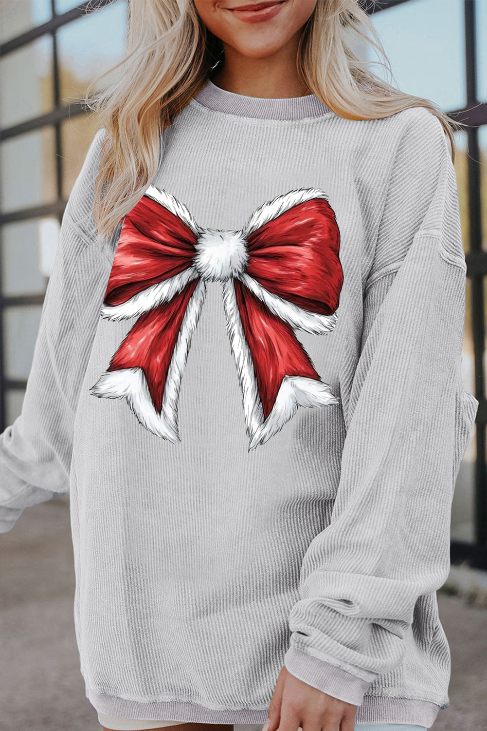 Christmas round neck big bow pattern pullover sweater